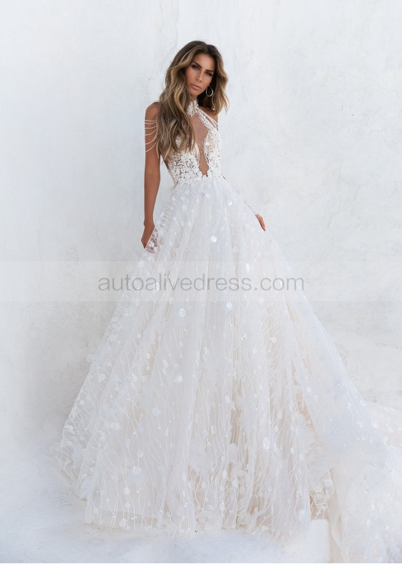 Luxury Beaded Halter Neck Ivory Lace Tulle Backless Wedding Dress